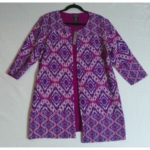 Chicos 2 US Large Open Cardigan Reversible Purple Colorful Crinkle Geometric NEW